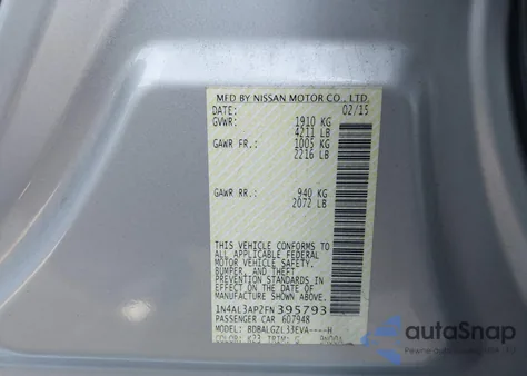 2015 Nissan Altima 2.5 S z USA, uszkodzony, nr VIN 1N4AL3AP2FN395793